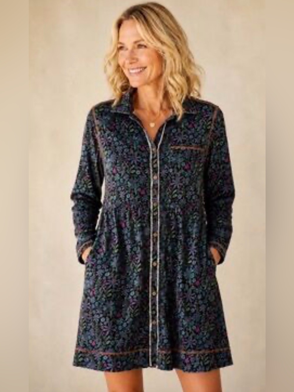 Natural Life Christa Knit Cotton Mini Dress in the "Dark Blue Garden" print XL